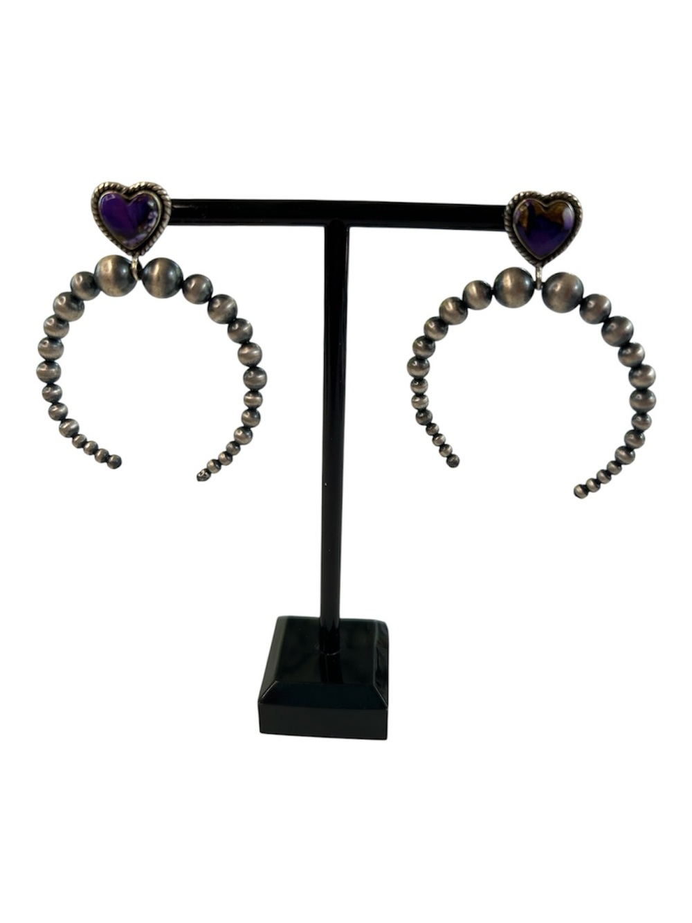 Sterling Silver Purple Mojave Turquoise Heart & Southwest Pearl Drop Earrings